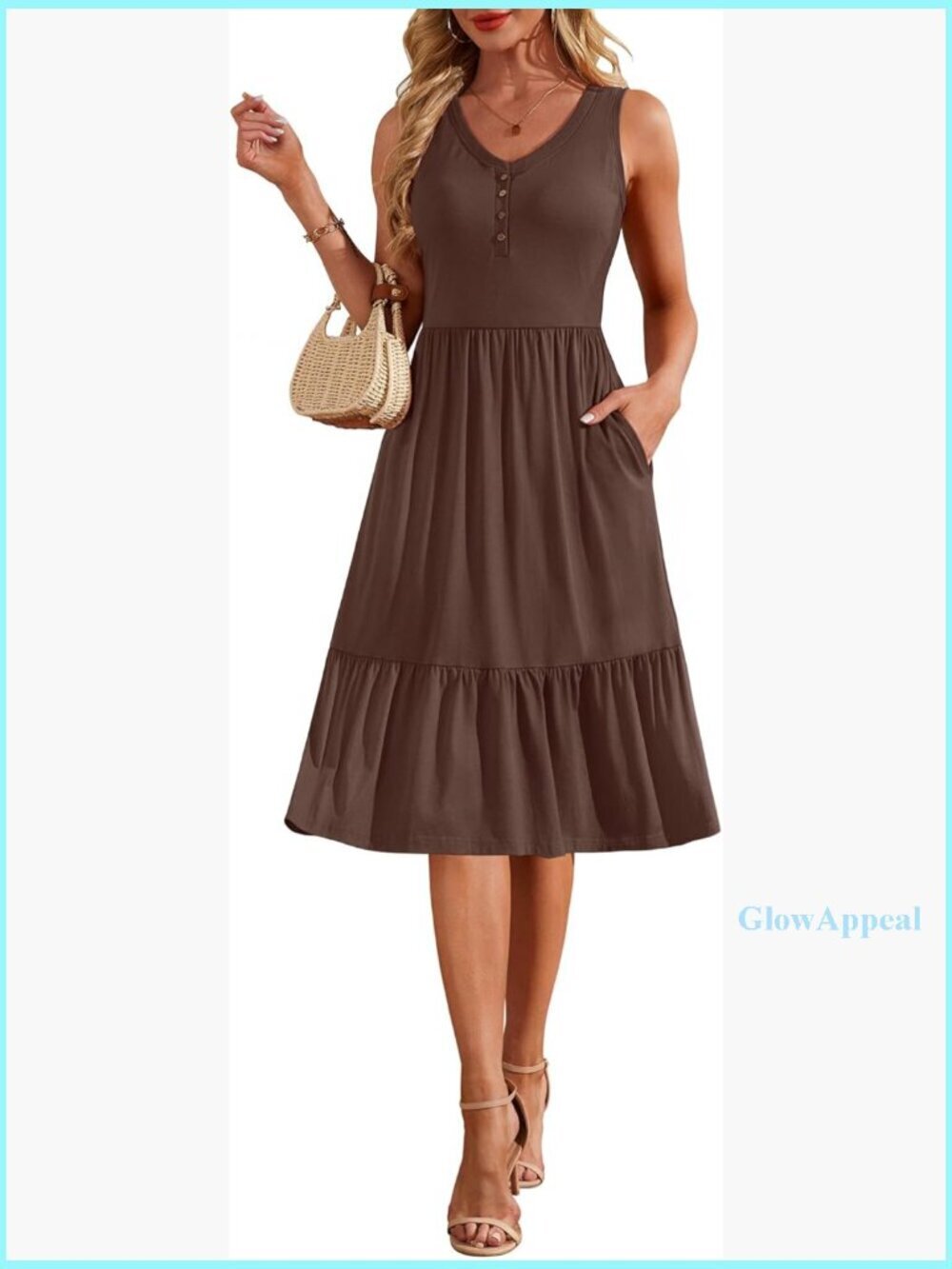 Sleeveless V-Neck Button Down Tiered Midi Dress with Pockets